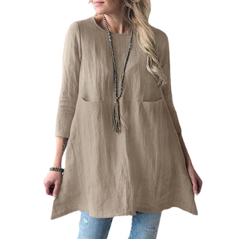 European and American Loose Round Neck Cotton Linen Women's Dress, Three-Quarter Sleeves (2023)
