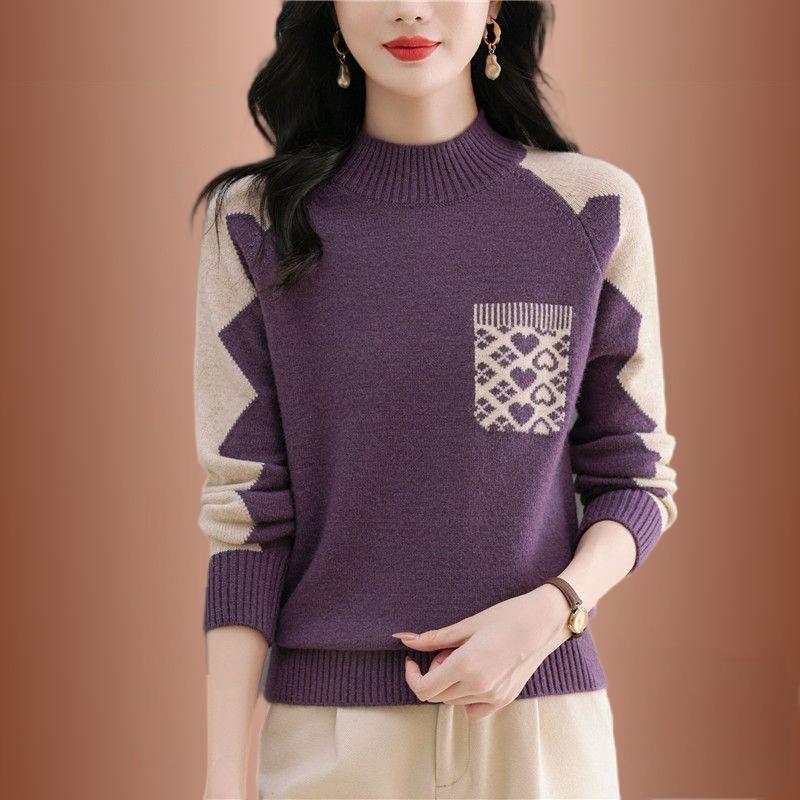 Women's Printed Sweater Autumn Winter Thick Soft Mock Turtleneck Sweater Color Block Loose Knit Pullover Top