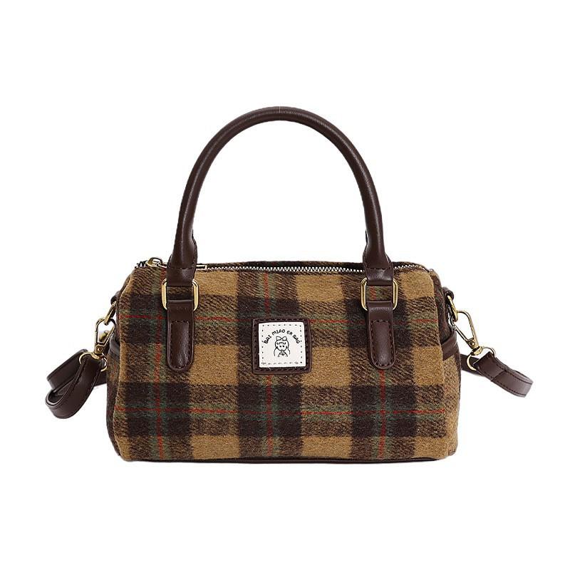 

Trend Woolen Plaid Bag Women s All-matching Retro One-shoulder Cross-body High-end Boston Portable Pillow