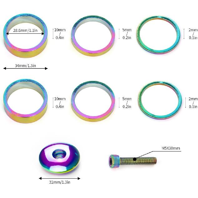 1 1/8 Inch Headset Spacer with Stem Top Cap Bolt Kit Rainbow 28.6mm Fork Tube Washer Cover