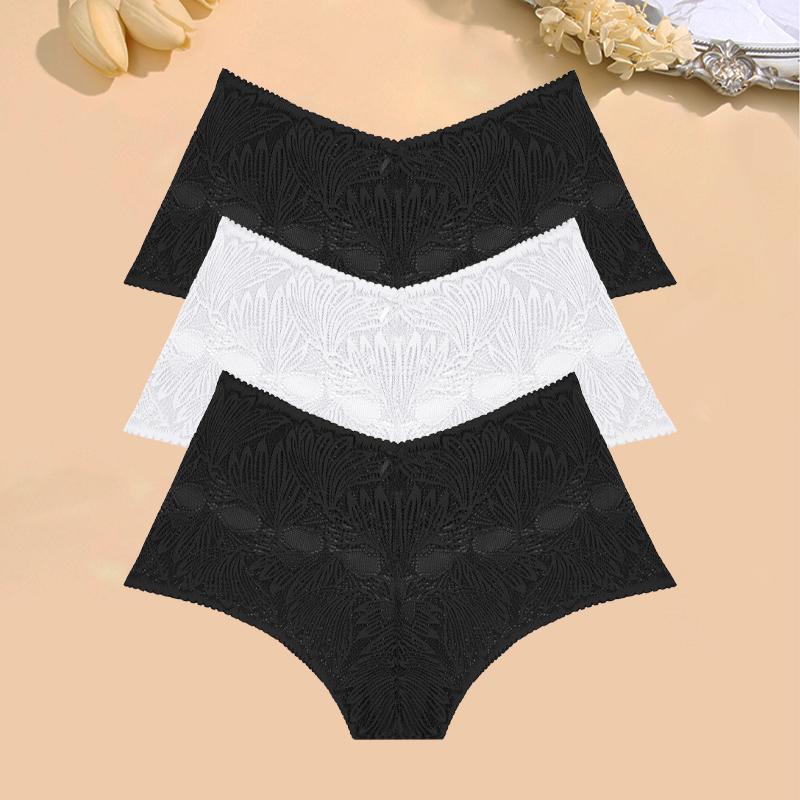 FINETOO 3 Stück Damen Spitze Floral Boyshort Sexy Hollow Out Unterwäsche Niedrige Taille Atmungsaktive Slips Mädchen Weiche Transparente Lingerie