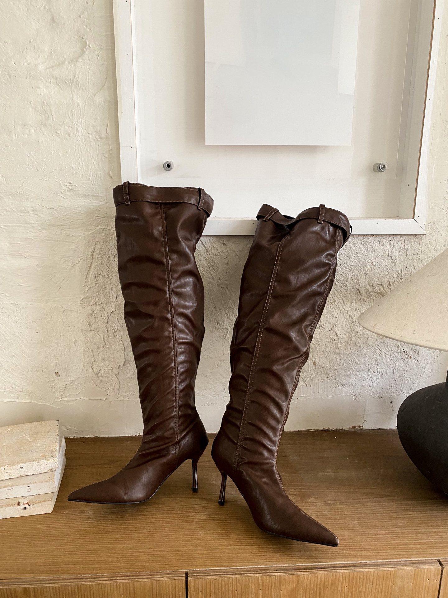 

2025 европейский и американский ветер широкая труба тонкая пряжка на ремне пиле колено сапоги 39 темно-коричневого