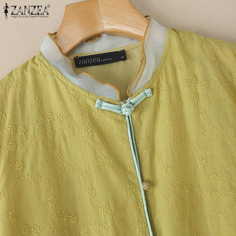 ZANZEA Vintage Damen Kurzarm Knopfleiste Patchwork Ethnische Stickerei Lässige Bluse