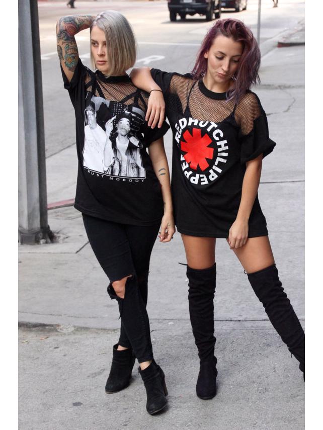 WISH European & American Fashion Mesh Round Neck Short Sleeve Band Print Long T-Shirt