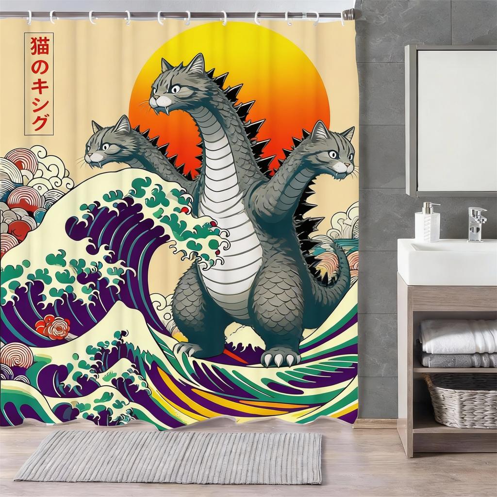 Japanese Cat Shower Curtain, Vintage Anime Sunset Wave Art, Waterproof Fabric with Hooks