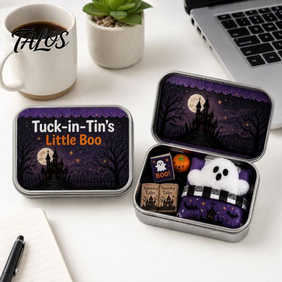 Halloween Earring Holder Mini Tin Box Gift, Plush Ghost with Haunted House Figures Storage Scene, Collectible Micro Theater Gift for Kids, Party Favor