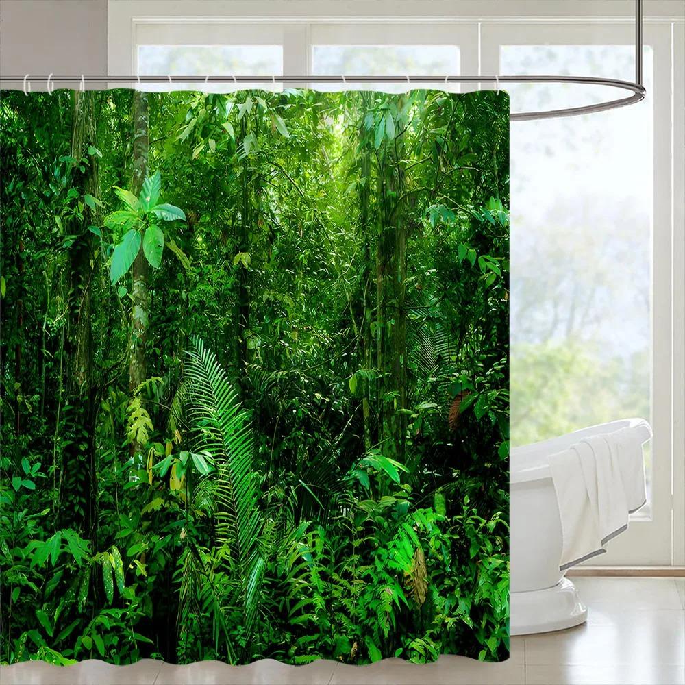 Tropical Forest Shower Curtain Green Plants Nature Landscape Hanging Curtain Polyester Fabric Bathroom Decoration Set With Hooks