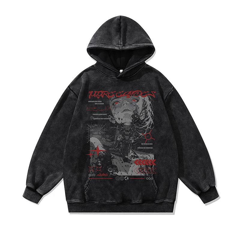 American Retro Cartoon Direct Injection Printing Hoodie Men And Women Autumn And Winter Oversize Washed Hooded Sweater