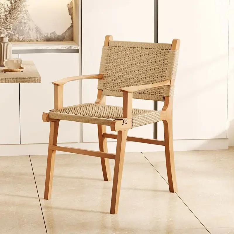 Nordic Wooden Rattan Lightweight Luxury Balcony Chair Rope-Woven Lazy Recliner Stylish Saddle Backrest Seat