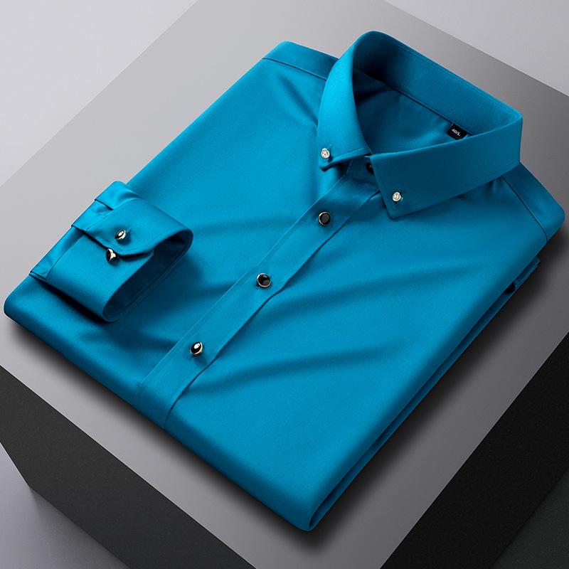 Trendy Iron-Free Slim Fit Mulberry Silk Shirt with Rhinestone Buttons and Turn-Down Collar