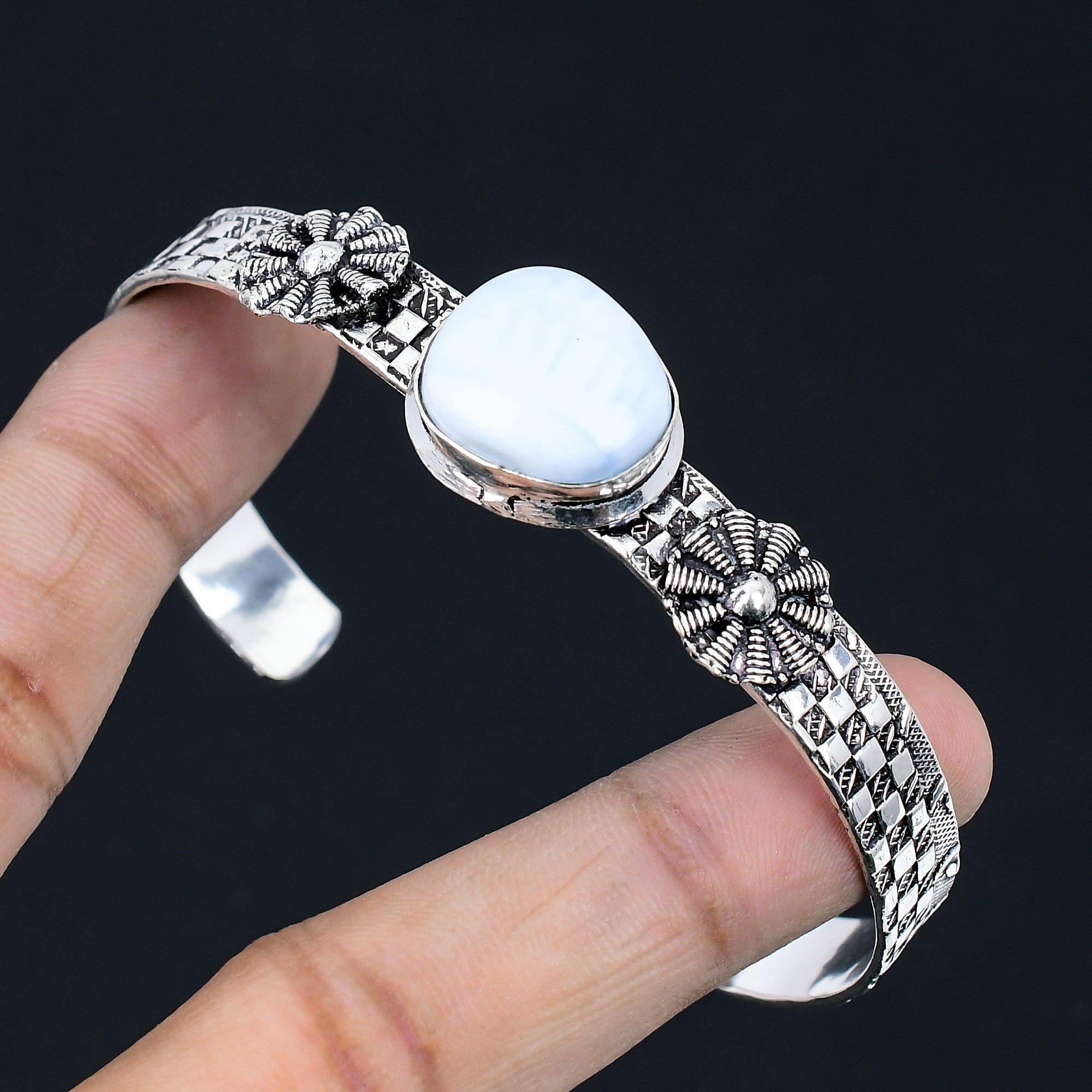 

Oval Natural Owyhee Blue Opal 925 Sterling Silver Birthday Mother Bangle Jewelry Adjustable