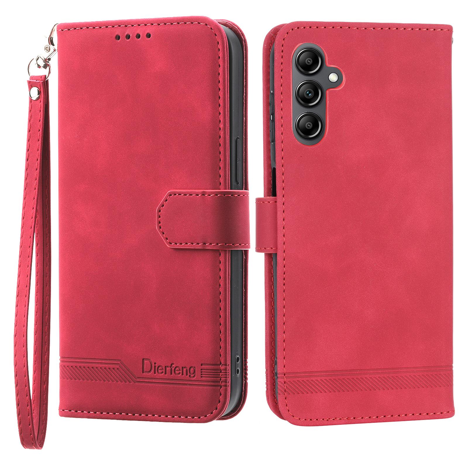 

DIERFENG DF-03 Phone Case Stand Wallet for Samsung Galaxy A14 5G/A14 4G PU Leather Lines Imprinted Phone Cover Red