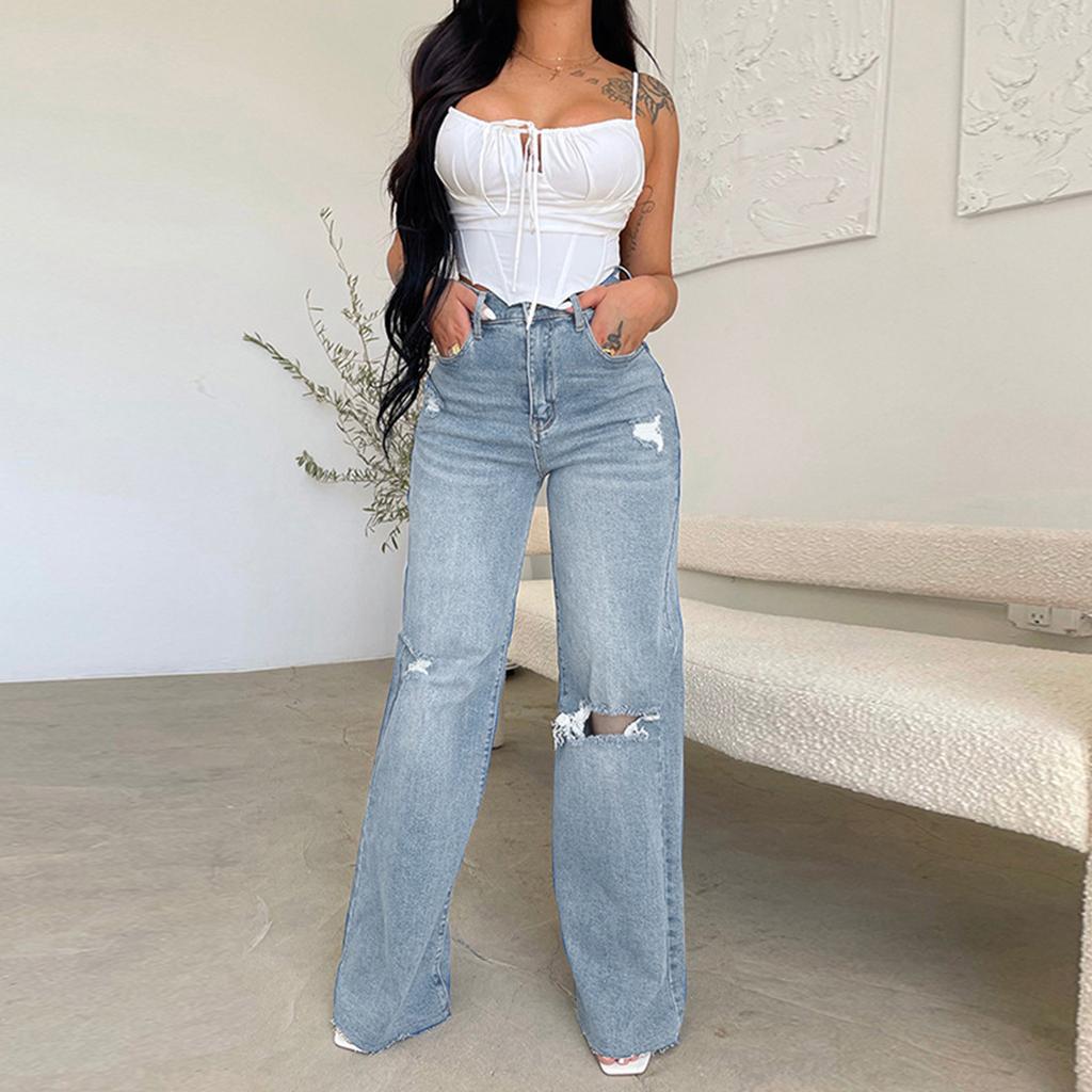 Damen Jeans Lange Hohe Taille Zerrissene Kante Bequeme Hose Mit Weitem Bein