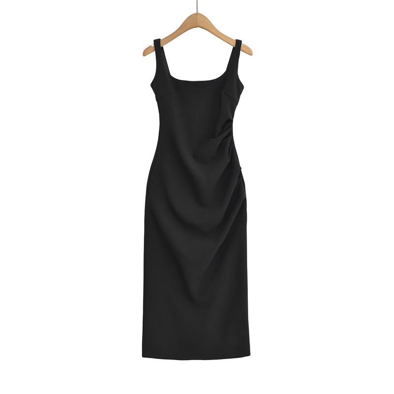 Elegant Square Neck Slim Fit Pleated Waist Bodycon Dress