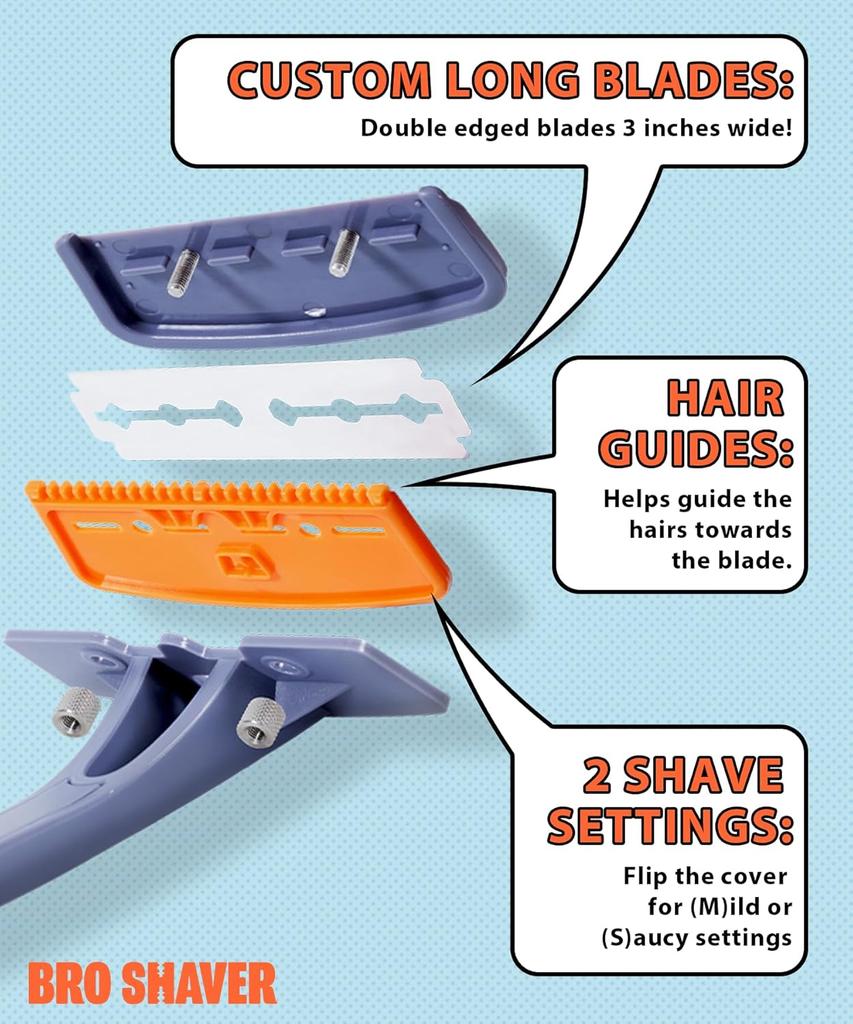 BroShaver 3.0, DIY Back & Body Hair Trimmer - Wet or Dry Shave for Men. Split Handle Razor with Ergonomic Grip