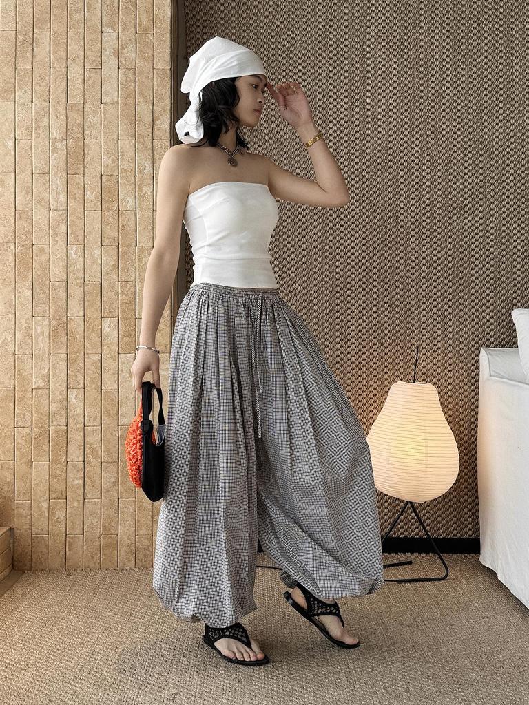 Xu Man Spring/Summer Paris Fashion Plaid Balloon Button Cuff Long Pants for Women