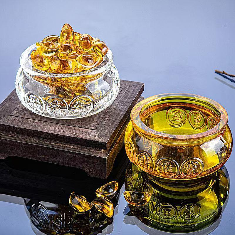 Yellow Crystal Glass Wealth Basin Ornament for Home or Office Decor