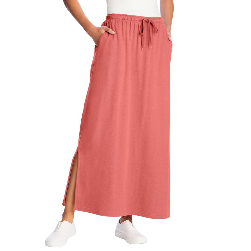 Womens Casual Maxi Skirts High Waist Trendy Drawstring Side Slit Skirts With Pockets
