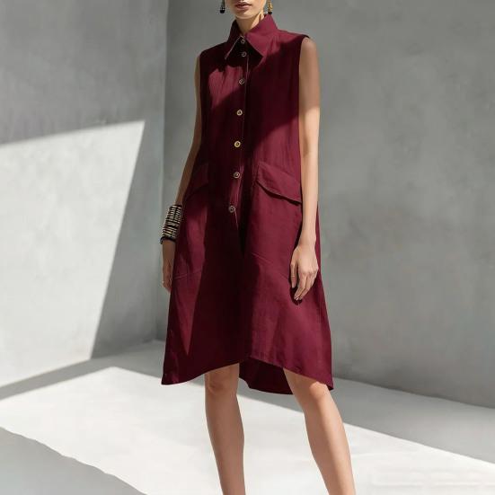 Damen Sommer Hemdblusenkleid Knopfleiste Ärmellos Revers Midi Tankkleid Lässige Tunika Strand Sommerkleid mit Taschen