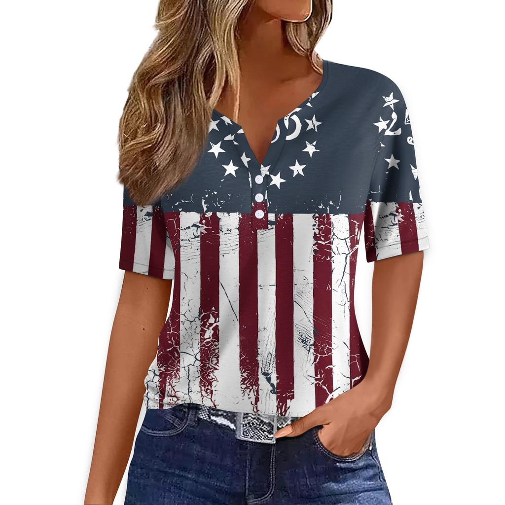 Women's Casual V Neck Short Sleeve T Shirt with Button Detail Independence Day Print Butterfly and Floral Pattern Top