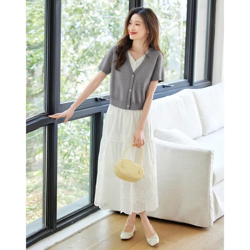 Sllsky Women s Faux Two-Piece Ice Silk Knit V-Neck Top S