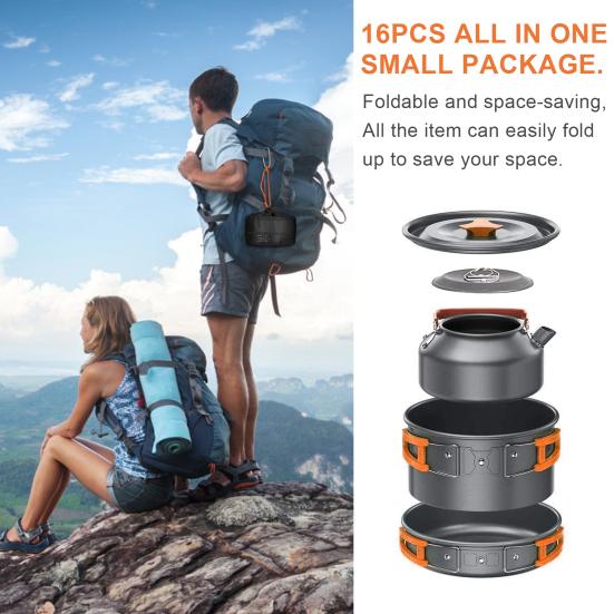 16Pcs Camping Cookware Mess Kit Portable Cookset Bowls Utensil Pots Pans Kettle for