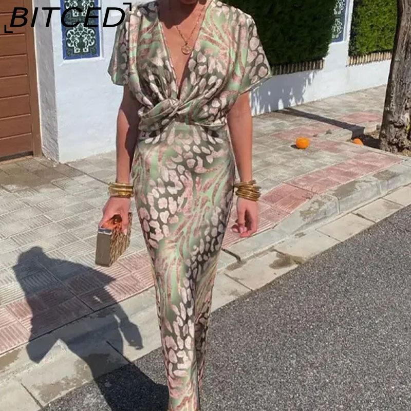 

BITCED Women s Fashion Tight-Fitting Printed Twist Mid-Waist Sensual V-Neck Spring Dress XXXL зелёный