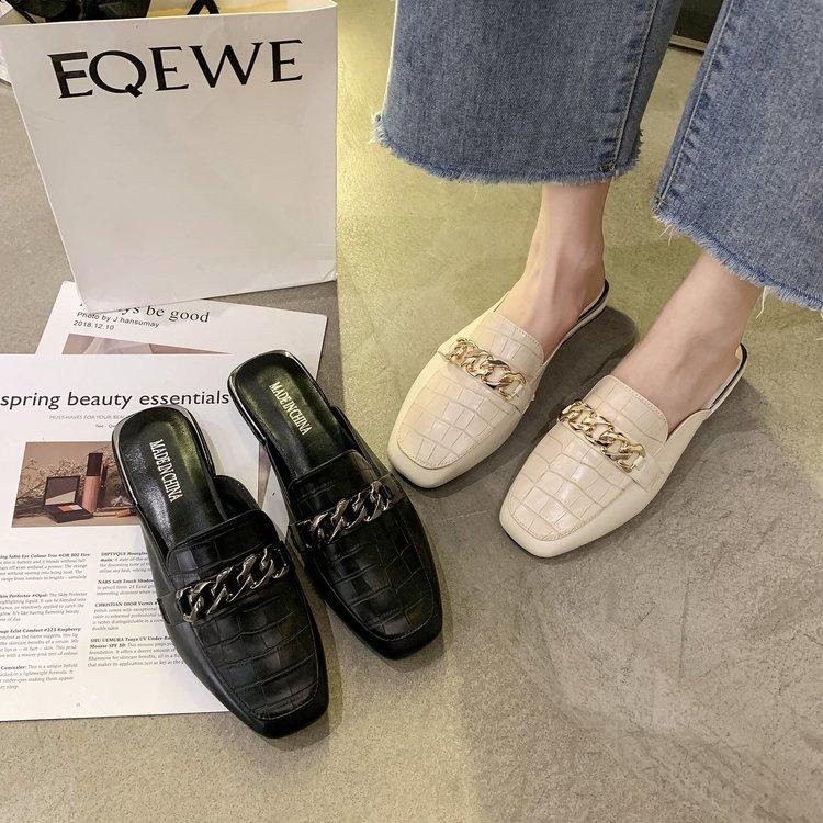 Muller Schuhe Damen Frühling und Sommer Neu Außenhandel Große Größe Tasche Kopf Halber Pantoffel Vielseitig Quadratischer Kopf Niedriger Absatz Coole Hausschuhe