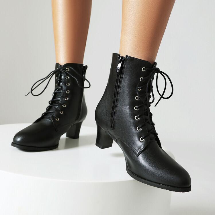 New European and American Lace-up Short Boots Thick Mid-heel Boots Short Martin Boots Large Size Boots