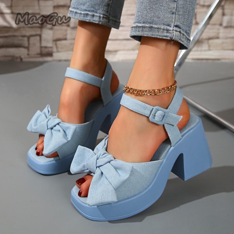 2025 Summer Women's Sandals Platform Bow Tie Buckle Strap Dress Sandals Chunky High Heel Shoes Blue Denim Outwear Shoes