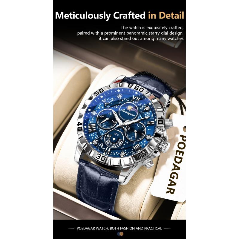 POEDAGAR Original Military Man Wristwatch Waterproof Luminous Chronograph Leather Strap Watches for Men Quartz Watch Reloj