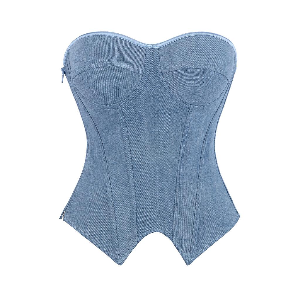 Light Blue Denim Look Bandeau Shapewear Top With Built In Cups For Women