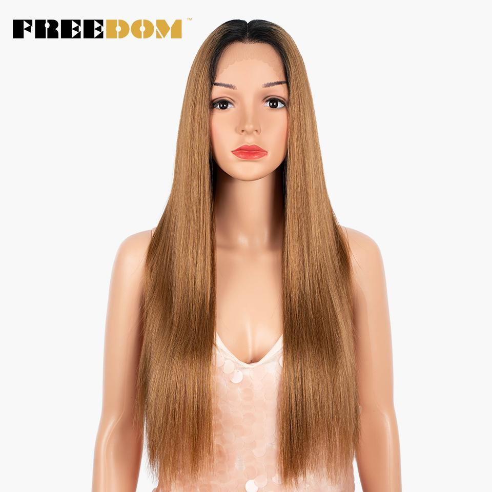 FREEDOM Long Straight Synthetic Lace Front Wigs For Women 30 Inch Ombre Blue Blonde Lace Wig Easy Wear Cosplay Wig