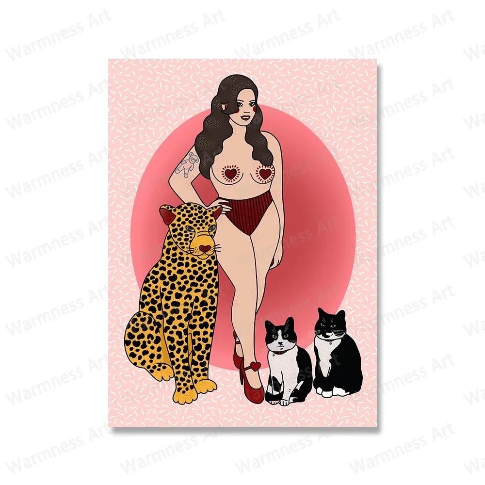 Pink Leopard Cat Sexy Girl Feminism Mermaid Posters And Prints Wall Art Canvas Painting For Living Room Decor