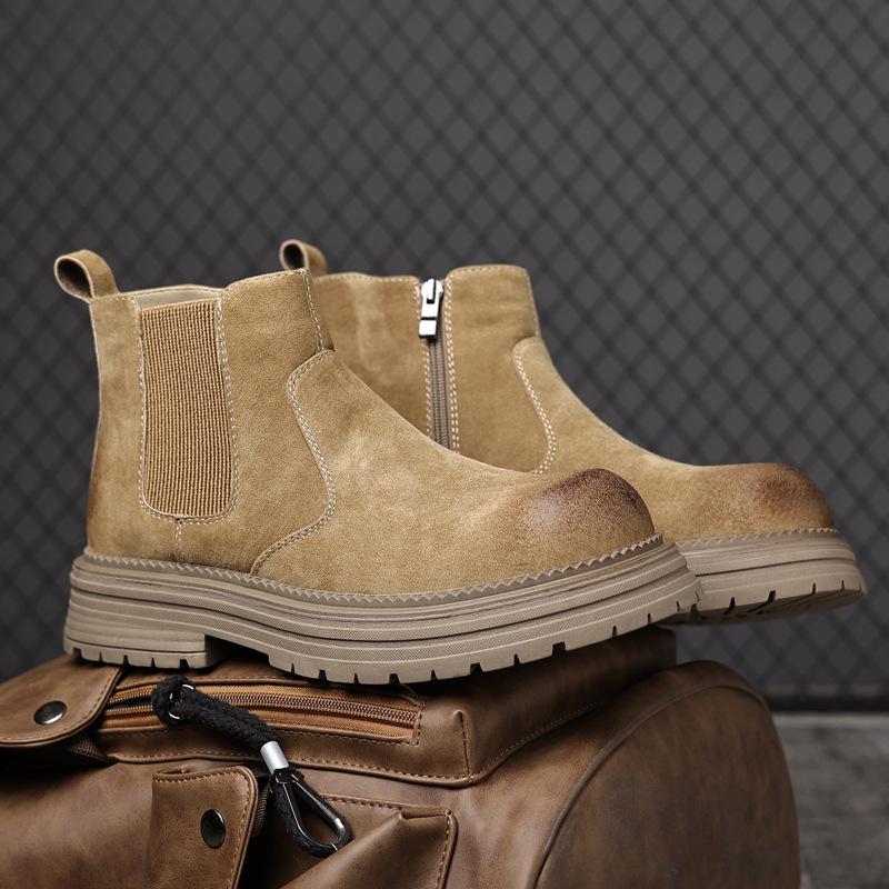 Men's 2024 Vintage Chelsea Slip-On Ankle Boots - Autumn/Winter British Style, Mid-Top Thick Sole for Outdoor Wear.