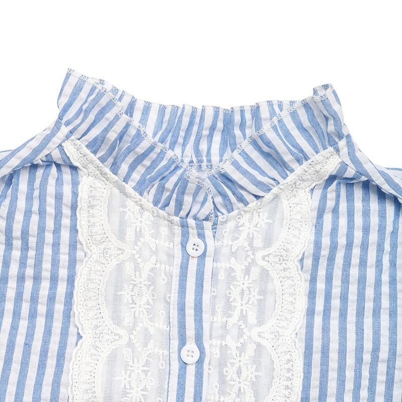 Sommer Gestreiftes Spitzen-Patchwork Hemd Damen Lotusblatt Fliegender Ärmel Cardigan Hemd