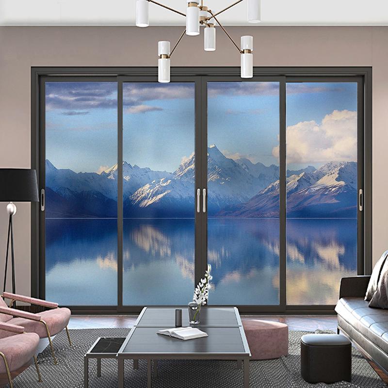 Sky Artistic Glass Sticker Static Cling Privacy Window Film Mountain Landscape Painting Frosted Window Sticker Home Decor