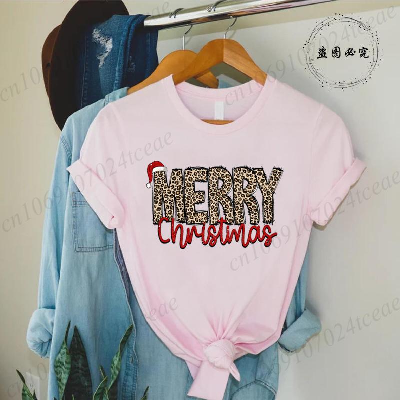 Leopard Merry Christmas Print TShirts Crew Neck Tshirt Casual Short Sleeve Top for Christmas Unisexs Clothing Tshirt Top