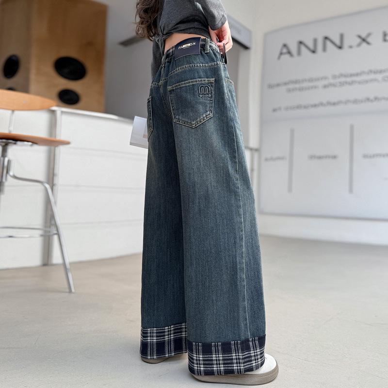 

Girls 2025 Spring/Autumn Patchwork Straight-Leg Slim-Fit Wide-Leg Jeans 120 cm