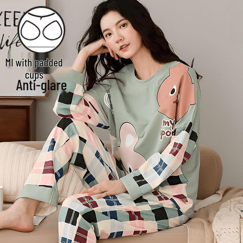 Women's Casual Long Sleeve Pajama Set with Chest Pads, Spring/Fall/Winter, Plus Size, Loose Fit, Suitable for Outdoor Wear