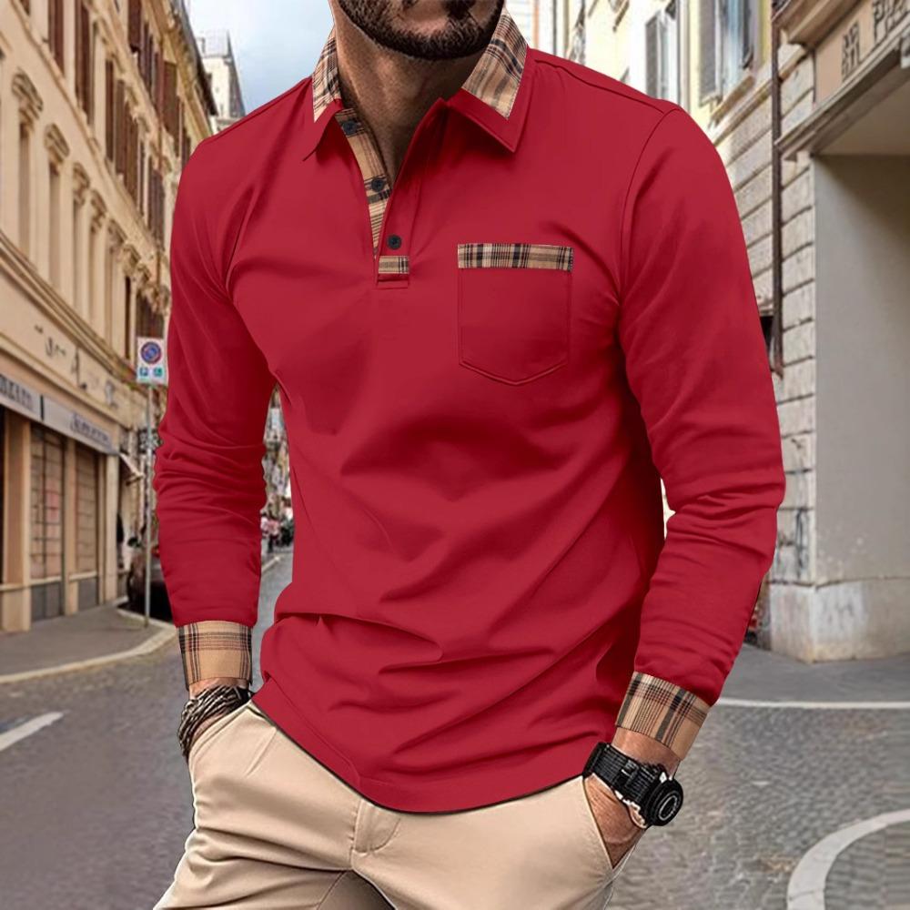 Spring and Autumn New Men's Daily Casual Solid Colour Patchwork Pockets Lapel Long-sleeved Polo Shirt