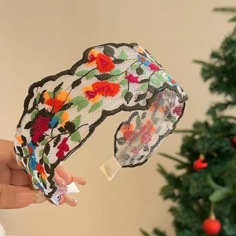 

Винтажная красная повязка на голову с шифоновой вышивкой в виде цветов для женщин, элегантная этническая кружевная широкая повязка на голову, обруч для волос, аксессуары для волос