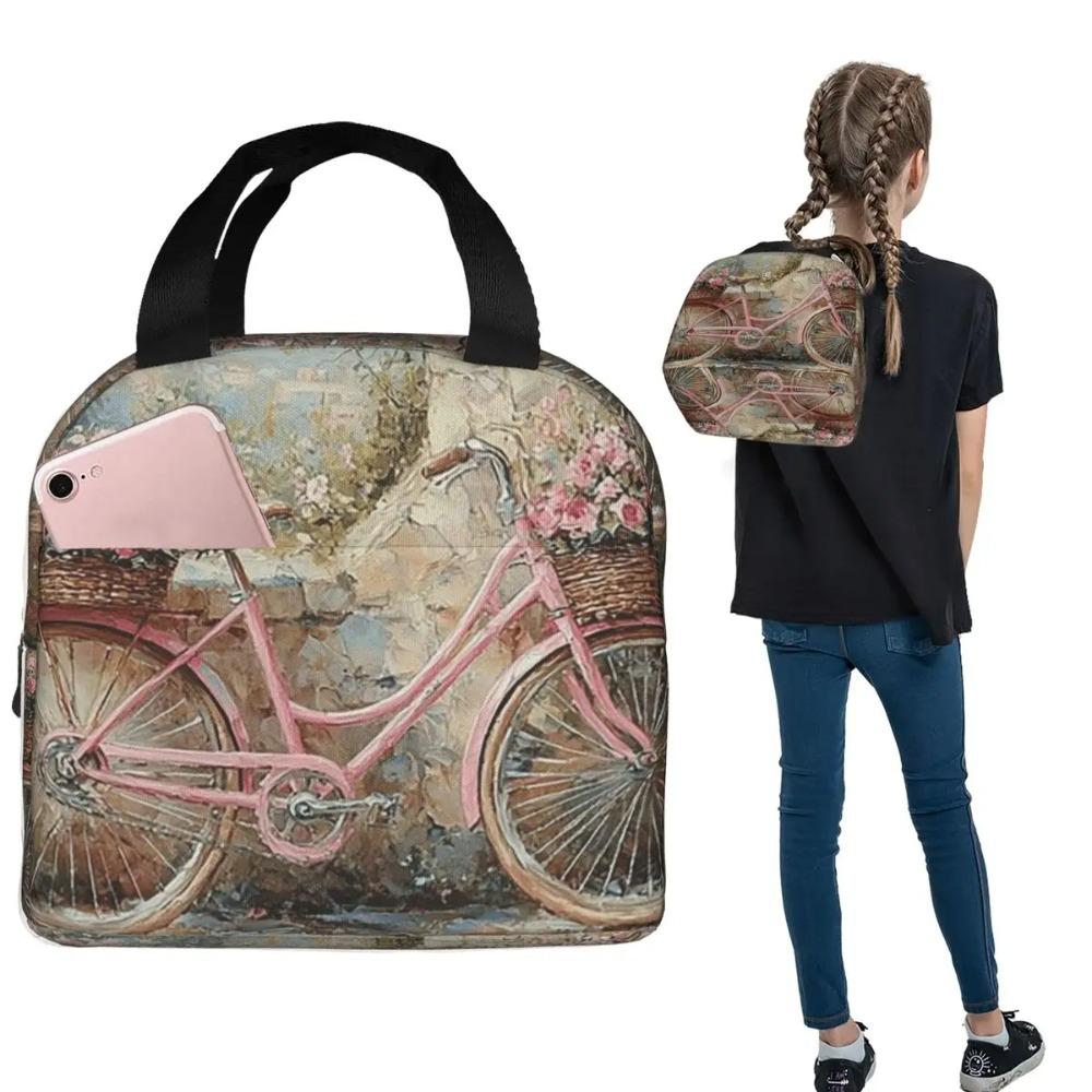 A Vintage Bicycle And Flower Insulated Lunch Bag for Women Kids Portable Food Boxes Thermal Lunch Box Tote