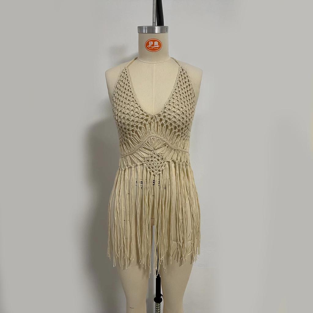 Dámský letní ručně háčkovaný třásňový topík, bikiny, tunika, plážové zakrytí