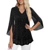 Women's Fashionable Double-Layer Mesh V-Neck Three-Quarter Bell-Sleeve Loose-Fit Top