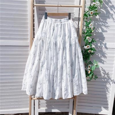 Girl Women White Cotton Skirt Elastic-Waisted Floral Feminine A-Line Skirt Elegant Spring Summer Comfortable Midi Skirt