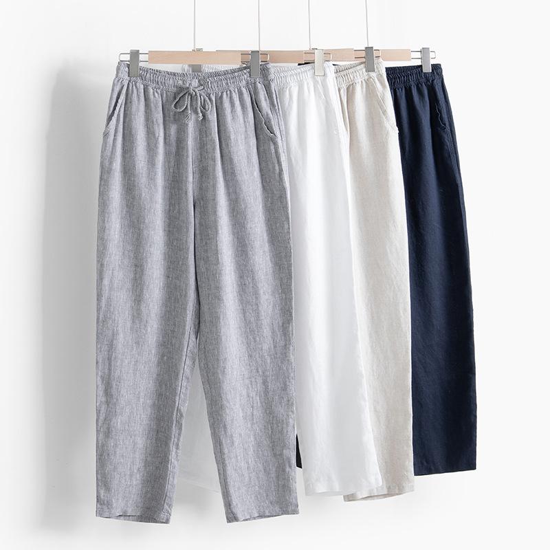 Harajuku Pure Linens Men's Pants Summer Joggers Pants Solid Color Drawstring Elastic Waist Pencil Long Pants Breathable Men Trousers