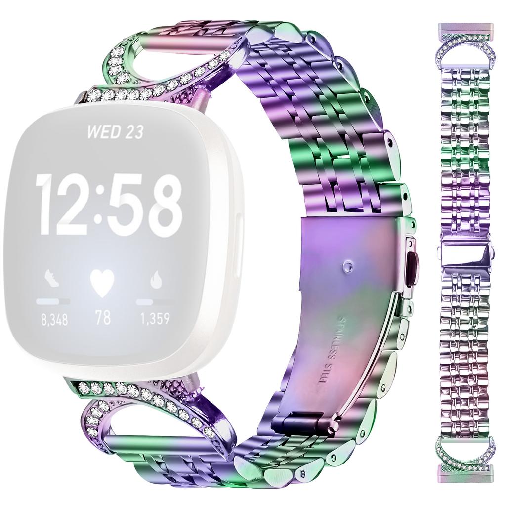 Pour Fitbit Versa 3/Sense Bracelet Sept Perles Acier Inoxydable Bracelet de Montre avec Connecteur Style Corne de Bœuf Strassé