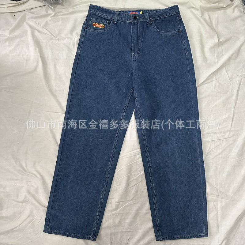 Mens Black Denim Skateboard Pants Straight Fit Embroidered Casual Wear