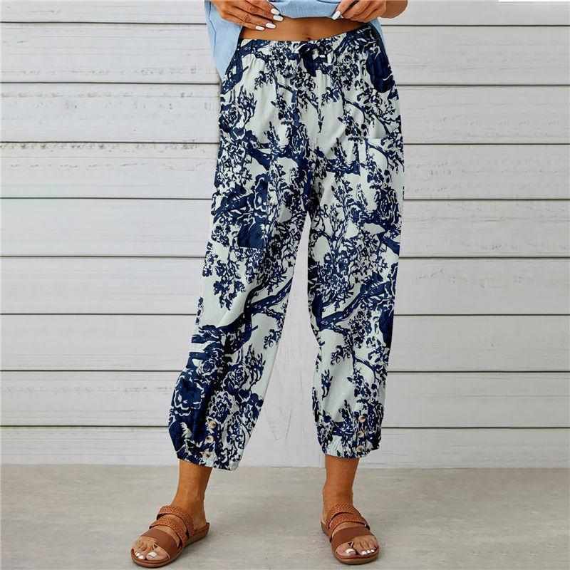 Summer Women's Pants Cotton Linen High Waist Drawstring Nine-quarter Pants Elastic Waist Bundle Foot Mouth Retro Print Pants